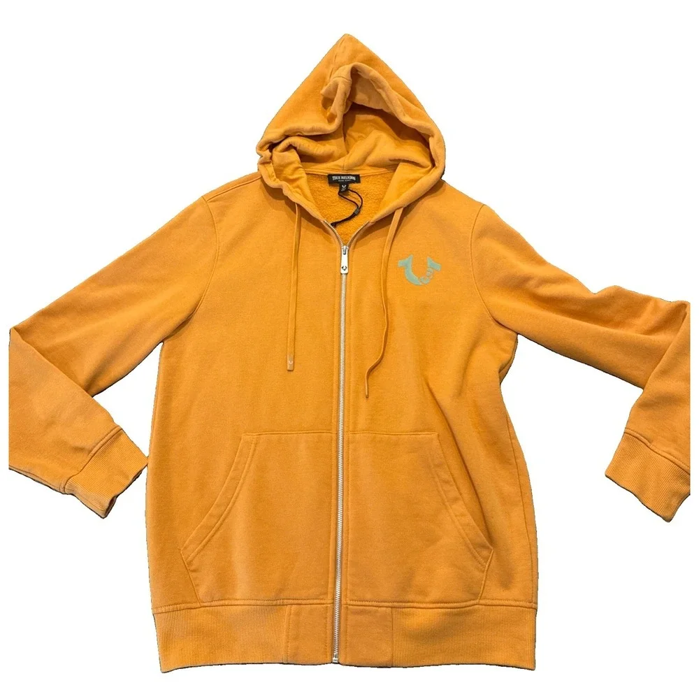 True Religion Mens M Yellow Core Zip Up Hoodie Buddha Logo Sweatshirt Streetwear